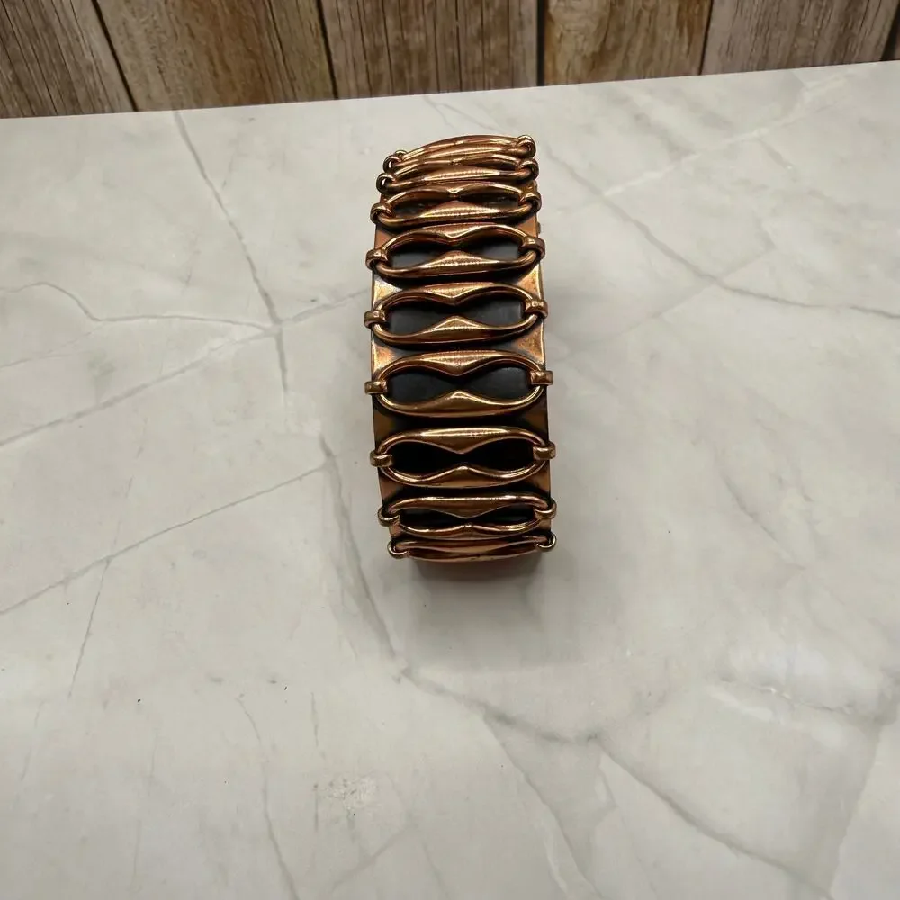 Vintage Copper Black Accent Sculptural Cuff Bracelet MCM Modernist
